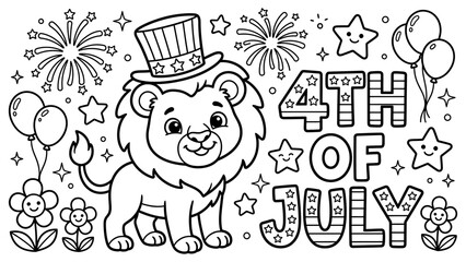 Fototapeta premium Fourth of July coloring page with cute cartoon lion wearing patriotic hat surrounded by fireworks and stars
