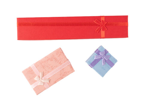 cardboard jewelry boxes with ribbon bows  isolated  flat lay