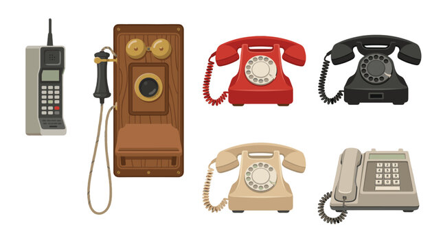 Set of vintage and retro telephone illustrations on white