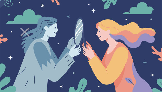Emotional self reflection concept depicting a woman looking into a mirror to explore her inner identity.