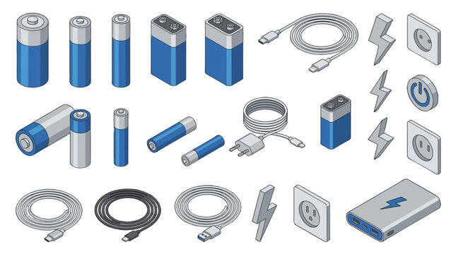 Isometric battery charging icons and power accessories set