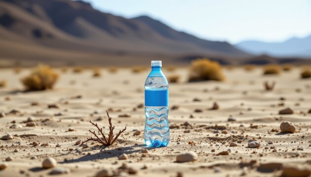 A clear blue water bottle standing in the center of a dry barren landscape