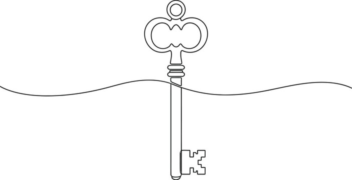 A single continuous line drawing of an antique skeleton key on a simple white background surface