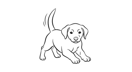 A playful dog with motion lines on its tail stands on a clean white background in a cute line drawing style. © ahmad