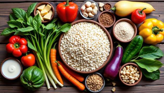 Fresh vegetables, grains and staple foods carefully arranged on a wooden table