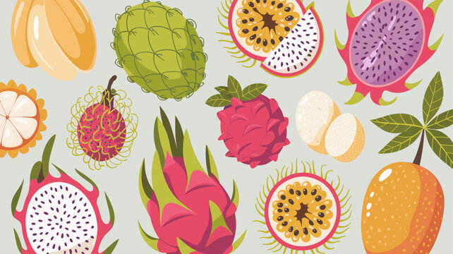 A vibrant illustration showcasing a diverse collection of exotic tropical fruits, some whole and some sliced open to reveal their colorful interiors.