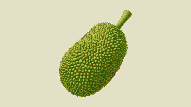 A single unripe green jackfruit with a bumpy texture and short stem, isolated on a plain light background.