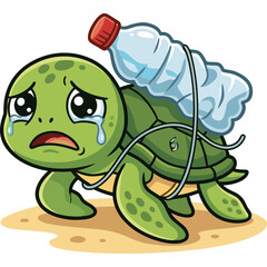Naklejka premium A distressed turtle struggles on the beach with a plastic bottle.