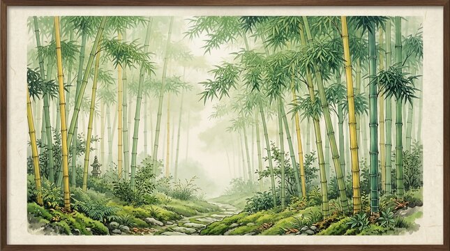 Bamboo Forest Tropical Landscape with Misty Atmosphere and Rocky Stream