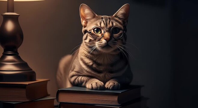 Cat on books illuminated by soft lamp light