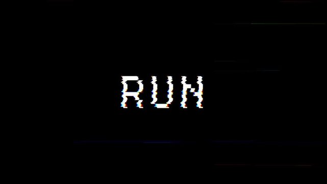 Glitchy 'run' text on a black and white background with pixelated effect