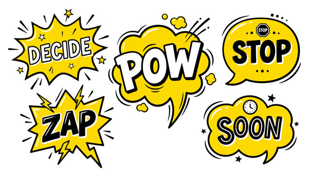 Explosive comic bubbles with decide and pow text.