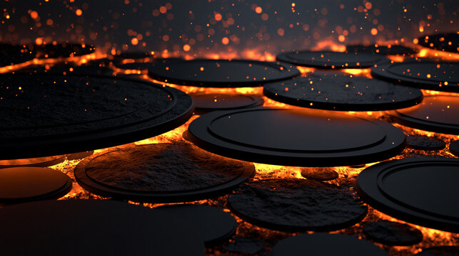 Premium industrial abstract background with molten orange circles and graphite texture