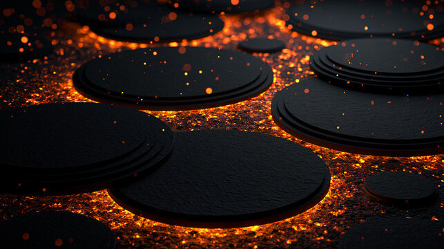 Premium industrial abstract background with molten orange circles and graphite texture