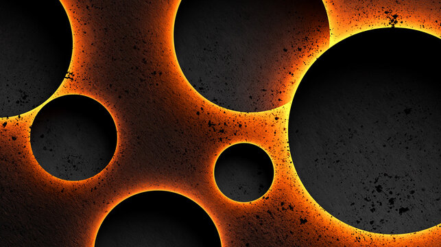 Premium industrial abstract background with molten orange circles and graphite texture