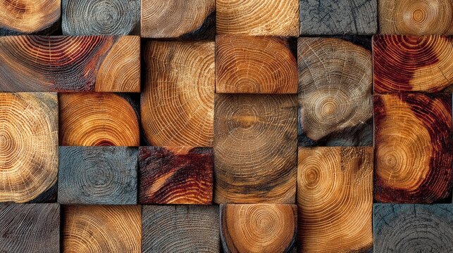 End grain wood texture, checkerboard butcher block, cross section timber rings, durable kitchen surface background, mosaic style 
