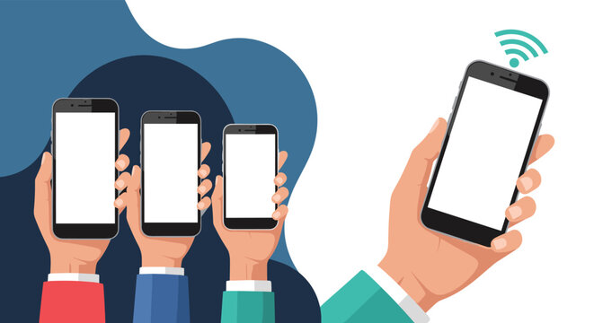 Group of diverse hands holds up multiple smartphones with blank white screens for presentation mockups against a blue and white background.