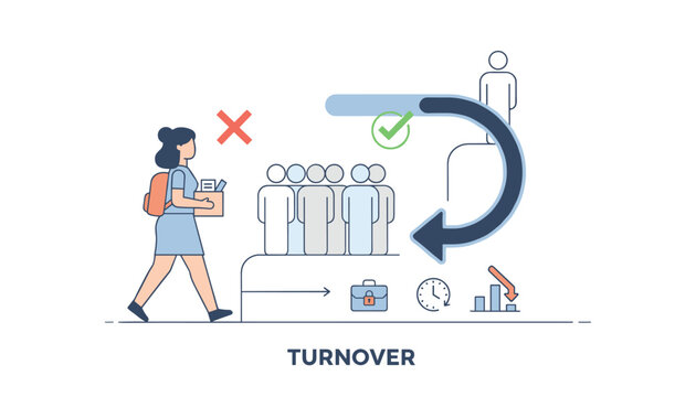 Business employee turnover concept showing worker leaving job with box of belongings while company seeks replacement.