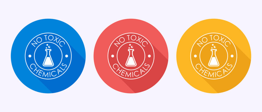 Set of three colorful circular flat icons featuring no toxic chemicals label text.