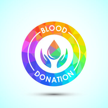 Blood donation round emblem with hands holding water drop shape colorful mosaic.