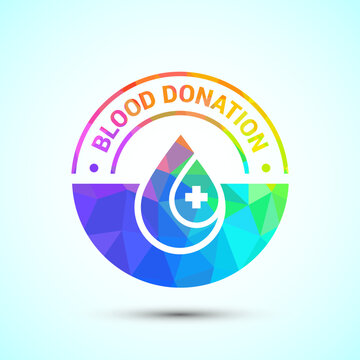 Modern blood donation badge with geometric water drop and clinical cross graphics.