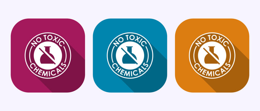 Three colorful vector icons for no toxic chemicals with beaker laboratory symbols.
