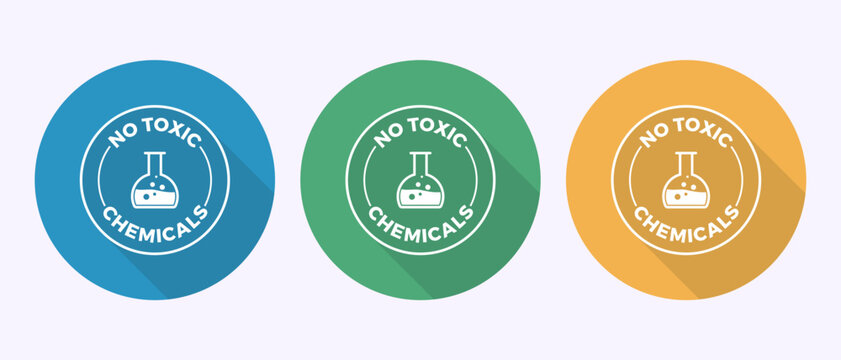 Set of three round vector icons with chemical beakers to show no toxic ingredients.