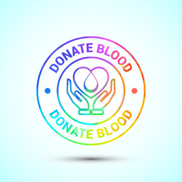 Geometric rainbow logo for blood donation featuring caring hands and heart symbol.