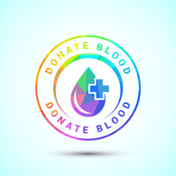 Colorful circular badge representing blood donation with geometric drop and cross.