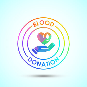Abstract heart icon held in hand for blood donation badge with rainbow poly style.