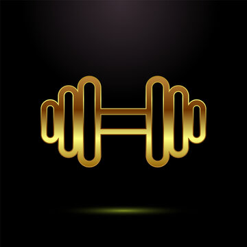 Golden dumbbell icon or symbol in a sleek metallic design on a black background.