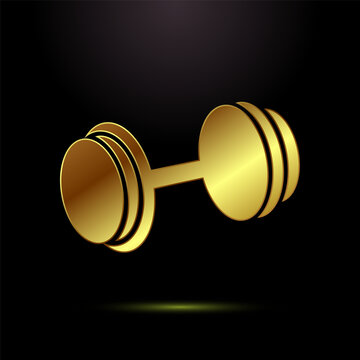 Single golden dumbbell icon or symbol with a perspective view on a black background.