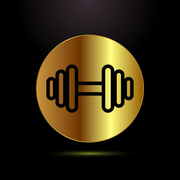 Golden dumbbell icon or symbol with a black outline in a shiny circle on black background.