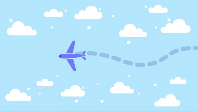 A purple airplane flies through a light blue sky with white clouds leaving a trail