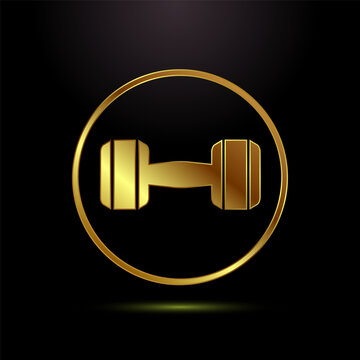 Golden dumbbell inside a circle with a glossy finish on a dark background for fitness.