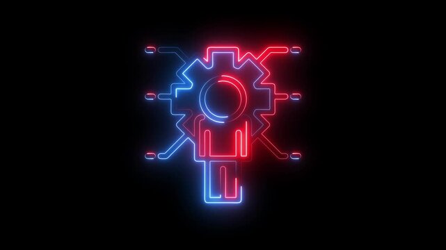 Neon glowing icon of a human figure integrated with a gear and digital circuit lines, representing artificial intelligence, human machine interaction, or technological innovation