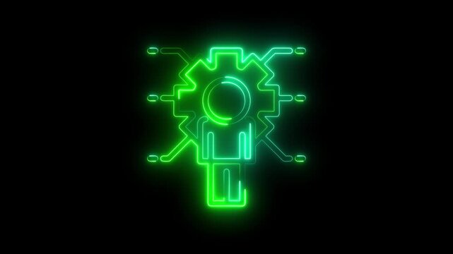 Neon glowing icon of a human figure integrated with a gear and digital circuit lines, representing artificial intelligence, human machine interaction, or technological innovation