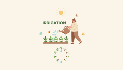 Fototapeta premium Person watering young green plants in the garden with a watering can under the sun symbolizing organic crop irrigation.