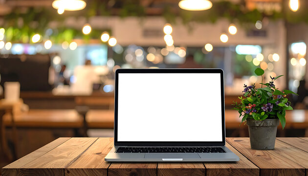 Modern Laptop on Wooden Table at a Cozy Caf? Workspace with Plants