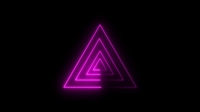 Abstract neon glowing triangles forming a tunnel effect in vibrant purple light on a black background