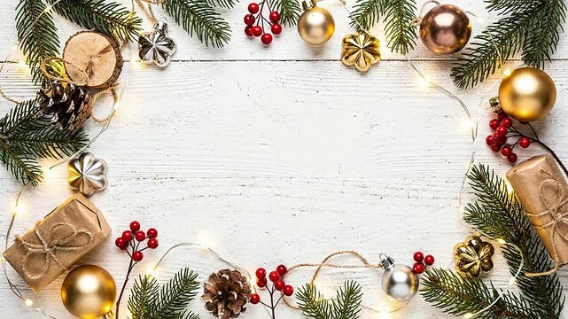 Festive Christmas Holiday Frame with Decorations and Gifts