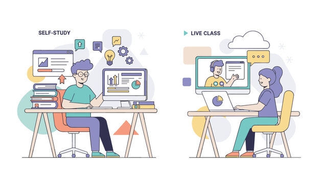 Comprehensive comparison of self-study and live class learning methods showing students using computers to study at home.