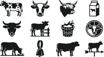 Cow and dairy farming vector icon set featuring cattle livestock bull milk carton calf pasture weathervane bell and meat production agricultural symbols © Ms