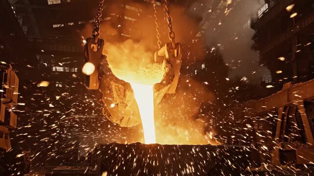 Pouring molten metal at a foundry during a bright and busy workday