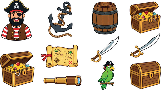 Pirate vector illustration set featuring captain character anchor treasure chest gold map sword barrel parrot and spyglass isolated on white background