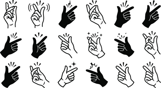 Finger snapping icons collection vector hand snap gesture clicking fingers line art and black silhouette elements for music and rhythm concept set