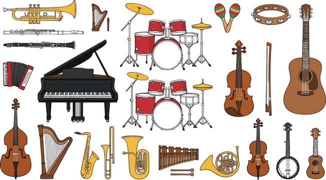 Musical instruments vector illustration collection featuring piano drum kit guitar violin trumpet saxophone harp accordion and orchestra equipment isolated on white background