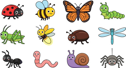  Cute insect character vector illustration set with butterfly ladybug bee caterpillar grasshopper dragonfly ant spider and snail isolated on white background © MstRowshanAra