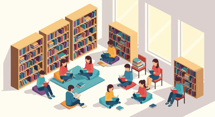 People reading books in an isometric library setting © ahmad