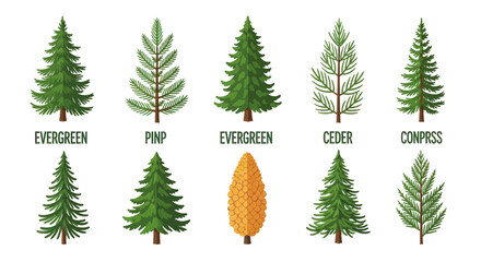 Obraz premium Collection of various evergreen and conifer tree species icons